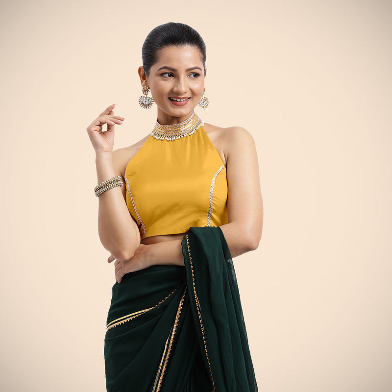 Laila x Tyohaar | Sleeveless Marigold Yellow FlexiFit™ Gota Embellished Saree Blouse with Halter Neck-Binks