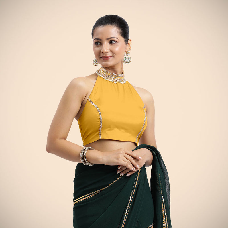 Laila x Tyohaar | Sleeveless Marigold Yellow FlexiFit™ Gota Embellished Saree Blouse with Halter Neck-Binks