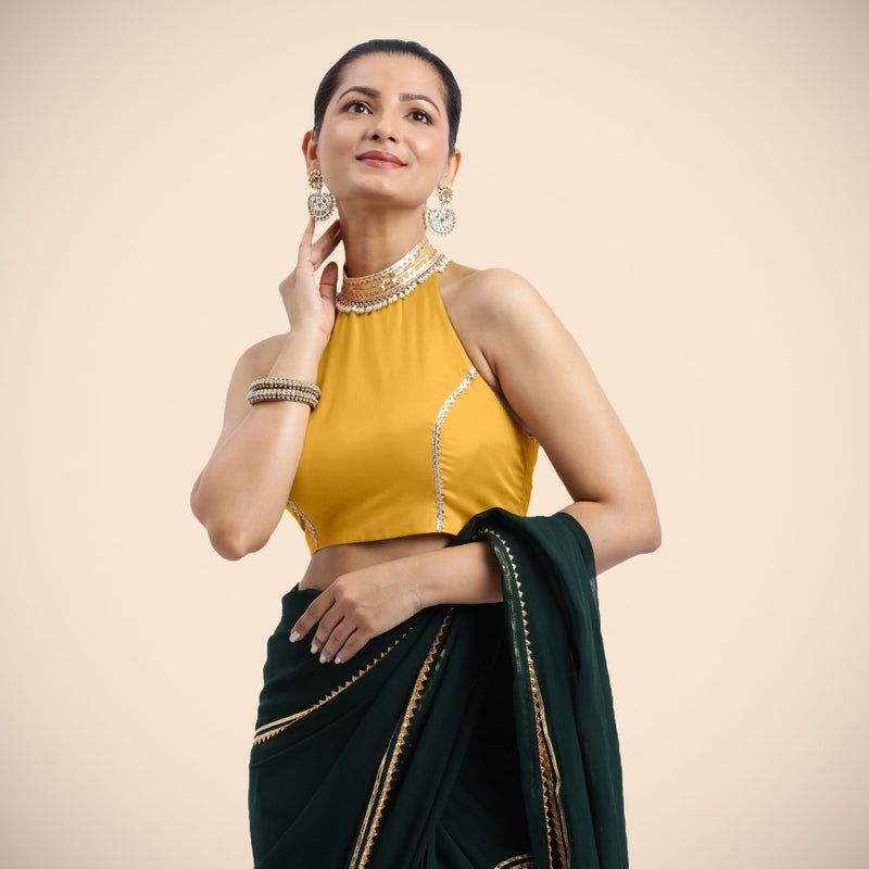 Laila x Tyohaar | Sleeveless Marigold Yellow FlexiFit™ Gota Embellished Saree Blouse with Halter Neck-Binks