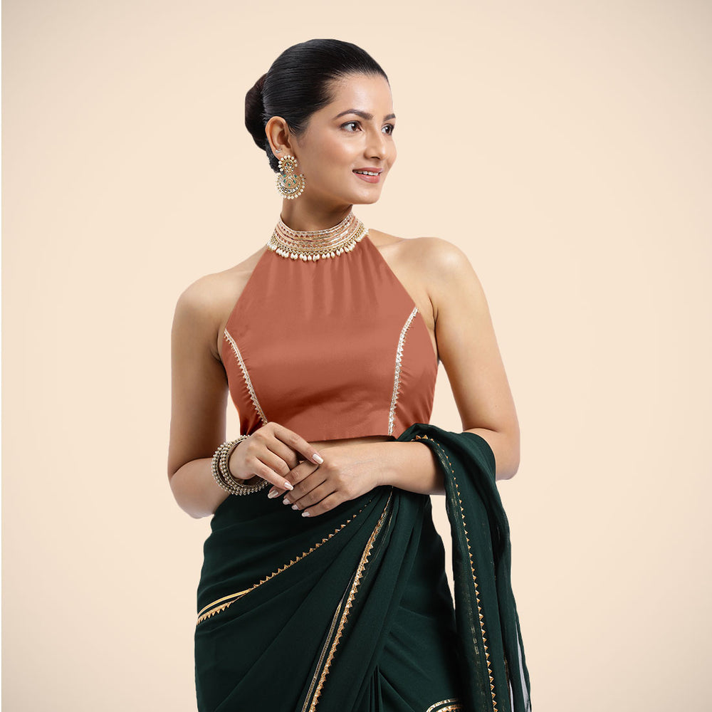 Laila x Tyohaar | Metallic Copper Halterneck FlexiFit™ Saree Blouse with Heavy Golden Gota and Pearl Embellishments