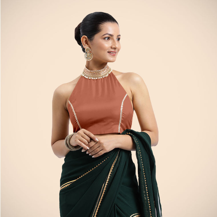 Laila x Tyohaar Saree Blouse, in Copper Vegan Silk, featuring sleeveless and halter neckline, made for party & festive.