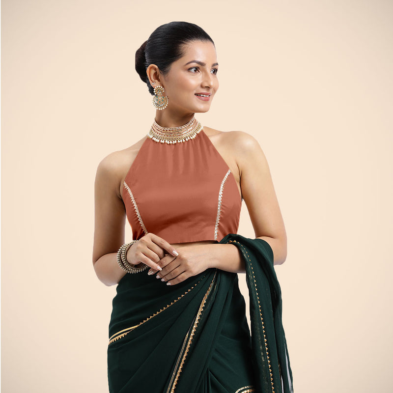 Laila x Tyohaar | Metallic Copper Halterneck FlexiFit™ Saree Blouse with Heavy Golden Gota and Pearl Embellishments-Binks
