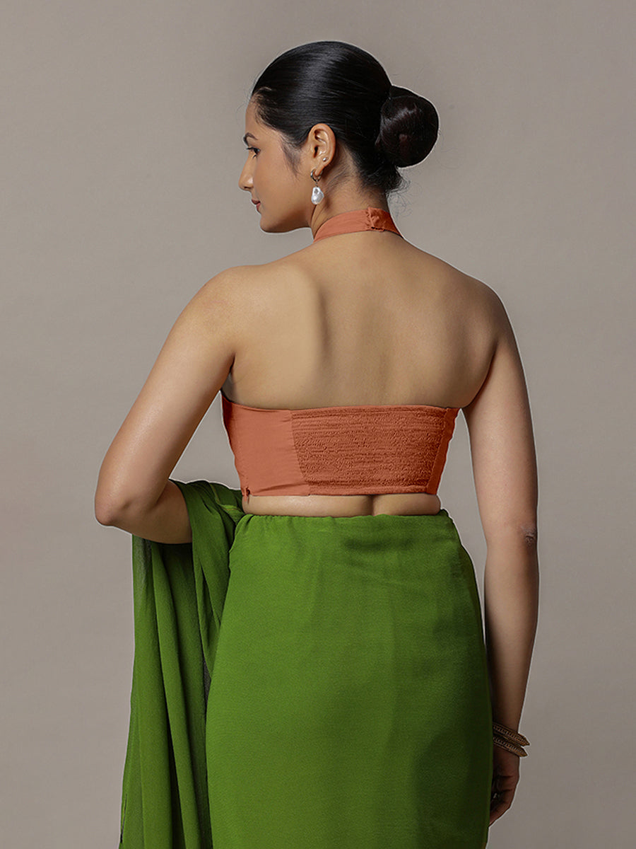 Laila x Rozaana Saree Blouse, in Copper Vegan Silk, featuring sleeveless and halter neckline, made for party & festive (view 2).