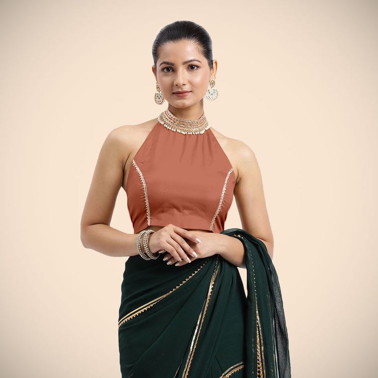 Laila x Tyohaar Saree Blouse, in Copper Vegan Silk, featuring sleeveless and halter neckline, made for party & festive (view 2).