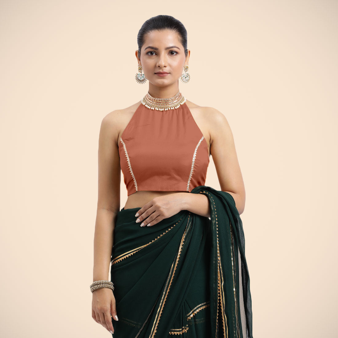 Laila x Tyohaar Saree Blouse, in Copper Vegan Silk, featuring sleeveless and halter neckline, made for party & festive (view 6).