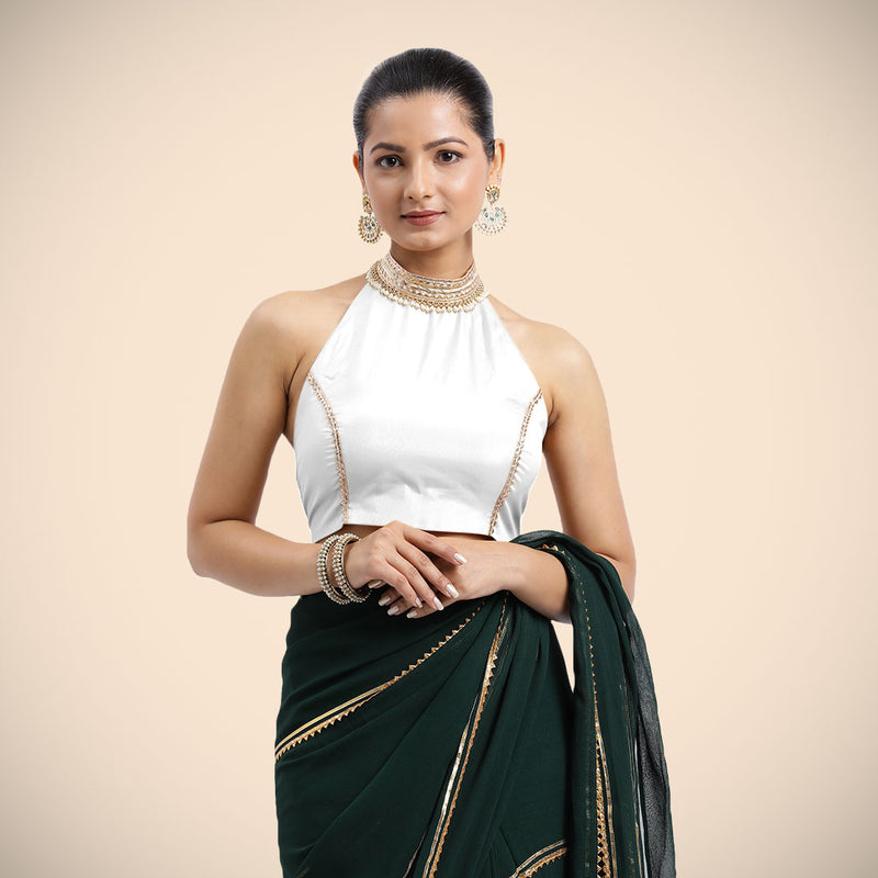 Laila x Tyohaar | Pearl White Halterneck FlexiFit™ Saree Blouse with Heavy Golden Gota and Pearl Embellishments-Binks