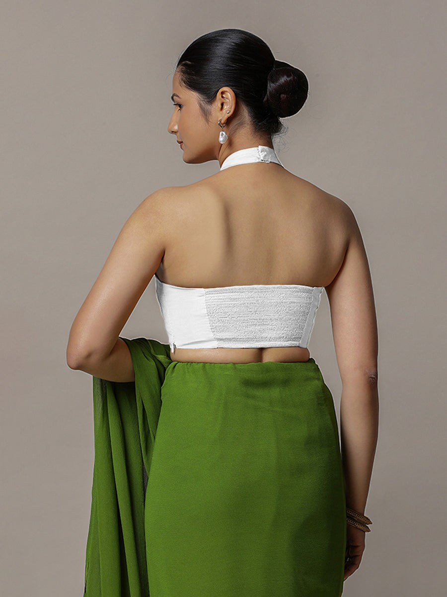 Laila x Rozaana Saree Blouse, in White Vegan Silk, featuring sleeveless and halter neckline, made for party & festive (view 2).