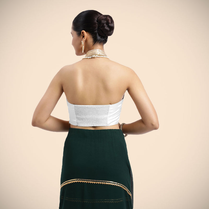 Laila x Tyohaar | Pearl White Halterneck FlexiFit™ Saree Blouse with Heavy Golden Gota and Pearl Embellishments-Binks