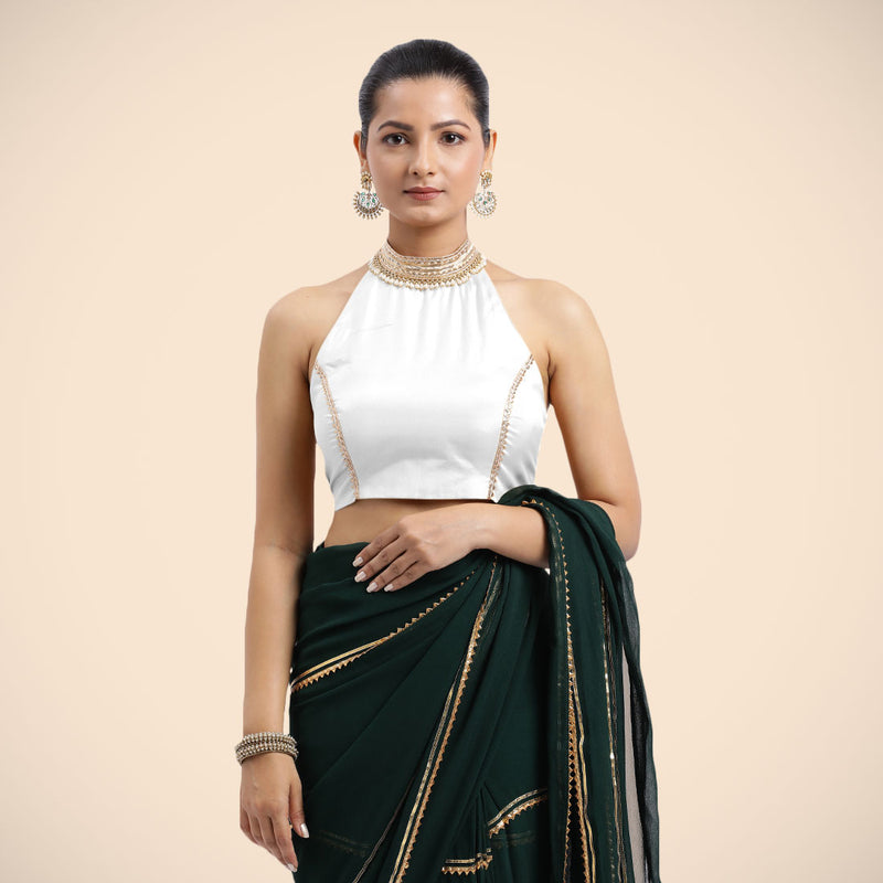 Laila x Tyohaar | Pearl White Halterneck FlexiFit™ Saree Blouse with Heavy Golden Gota and Pearl Embellishments-Binks
