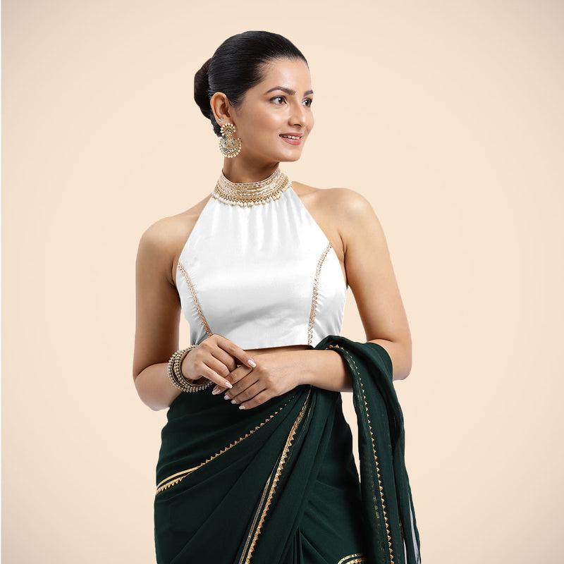 Laila x Tyohaar | Pearl White Halterneck FlexiFit™ Saree Blouse with Heavy Golden Gota and Pearl Embellishments-Binks