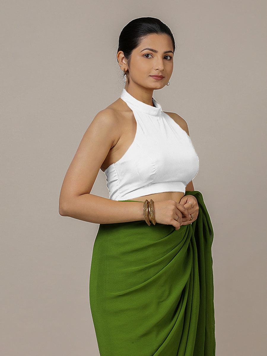 Laila x Rozaana Saree Blouse, in White Vegan Silk, featuring sleeveless and halter neckline, made for party & festive (view 7).