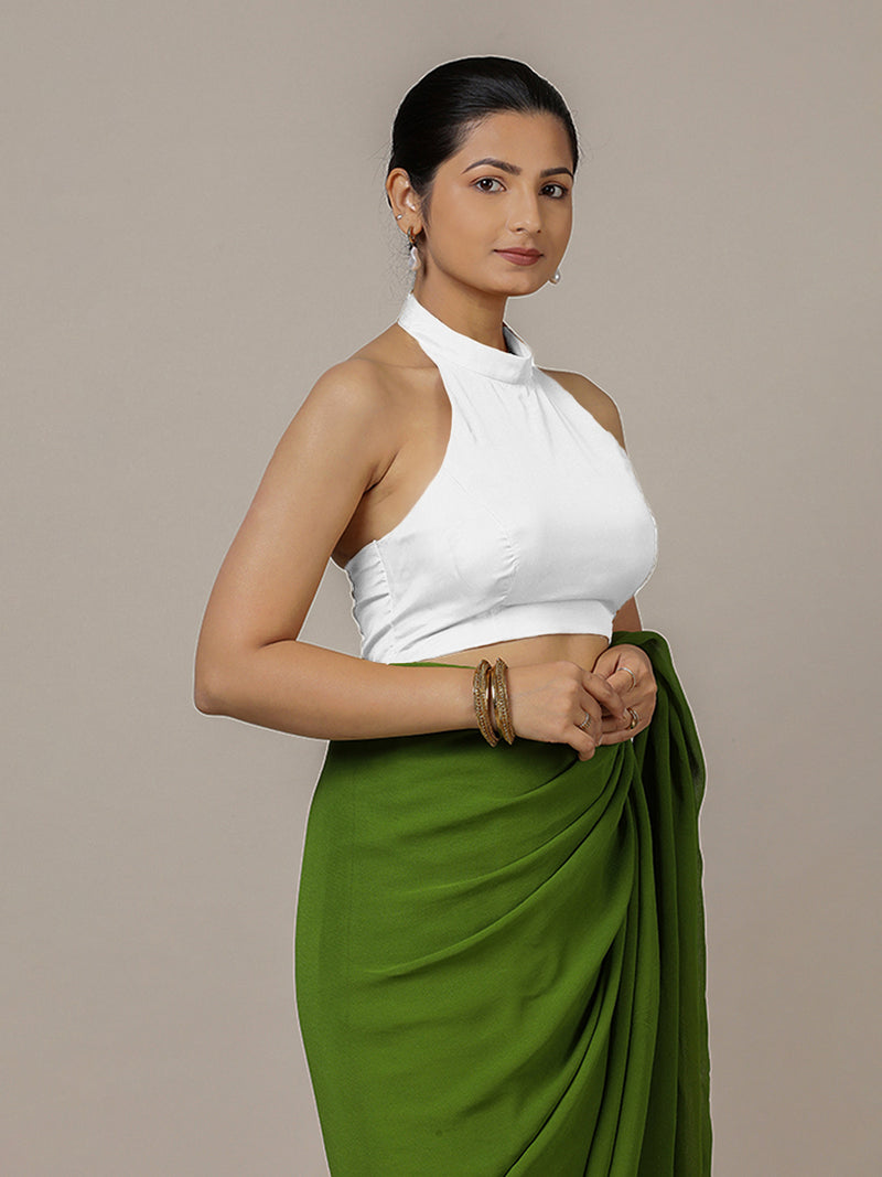 Laila x Rozaana | Pearl White Halter Neck Saree Blouse w/ FlexiFit™-Binks