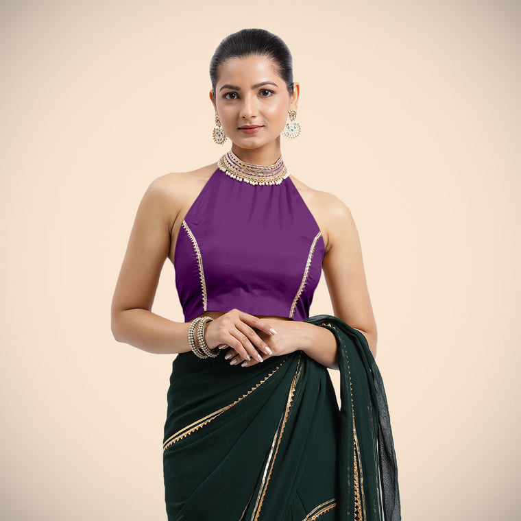 Laila x Tyohaar Saree Blouse, in Purple Vegan Silk, featuring sleeveless and halter neckline, made for party & festive.