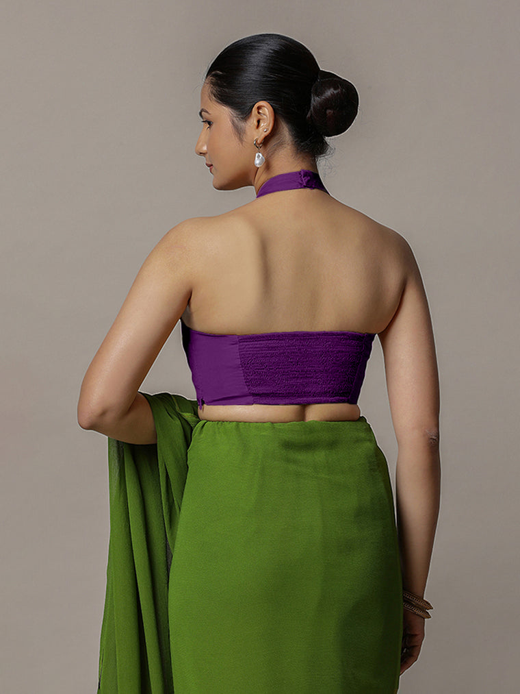 Laila x Rozaana Saree Blouse, in Purple Vegan Silk, featuring sleeveless and halter neckline, made for party & festive (view 2).