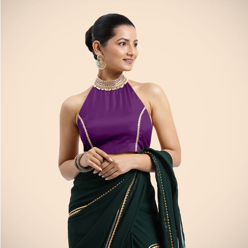 Laila x Tyohaar | Purple Halterneck FlexiFit™ Saree Blouse with Heavy Golden Gota and Pearl Embellishments-Binks