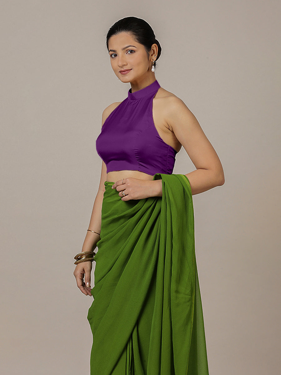 Laila x Rozaana Saree Blouse, in Purple Vegan Silk, featuring sleeveless and halter neckline, made for party & festive (view 5).