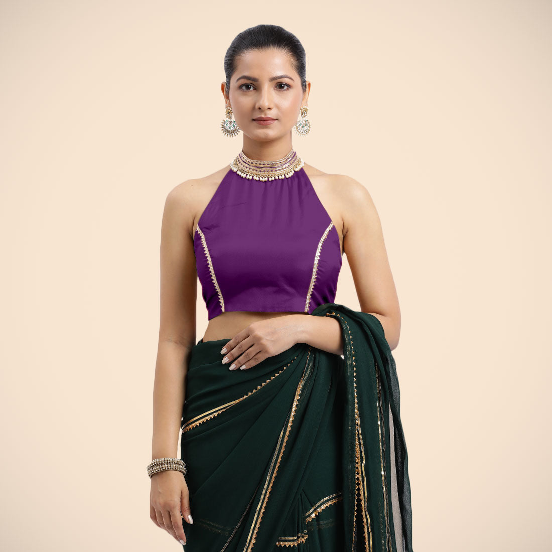Laila x Tyohaar Saree Blouse, in Purple Vegan Silk, featuring sleeveless and halter neckline, made for party & festive (view 5).