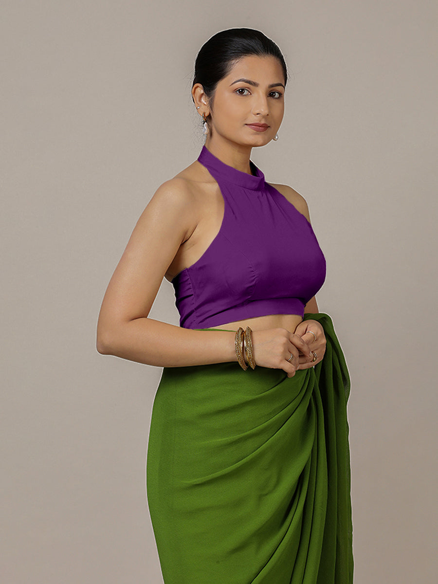 Laila x Rozaana Saree Blouse, in Purple Vegan Silk, featuring sleeveless and halter neckline, made for party & festive (view 6).