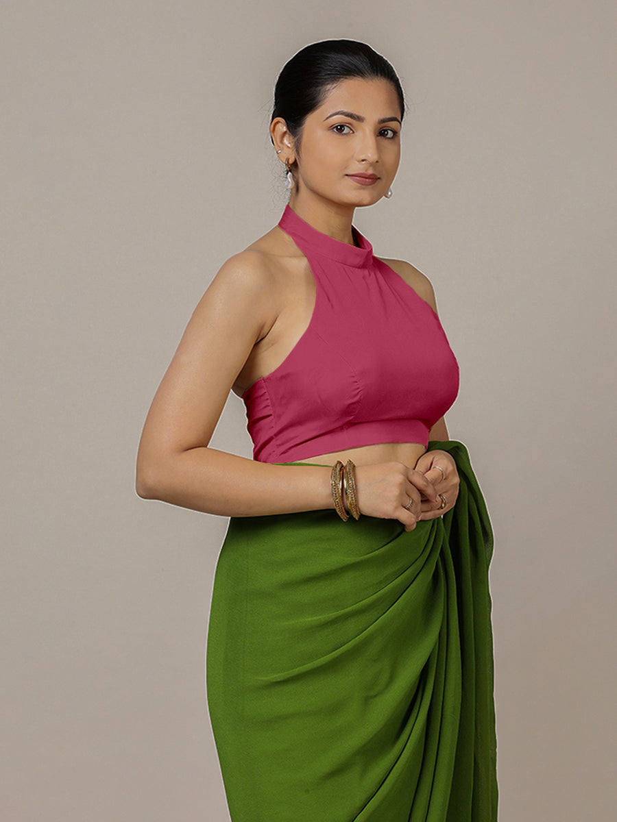 Laila x Rozaana Saree Blouse, in Pink Vegan Silk, featuring sleeveless and halter neckline, made for party & festive.