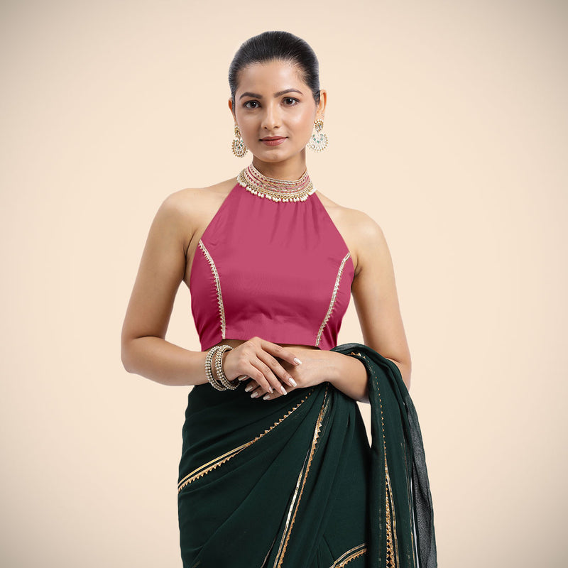 Laila x Tyohaar | Rani Pink Halterneck FlexiFit™ Saree Blouse with Heavy Golden Gota and Pearl Embellishments-Binks