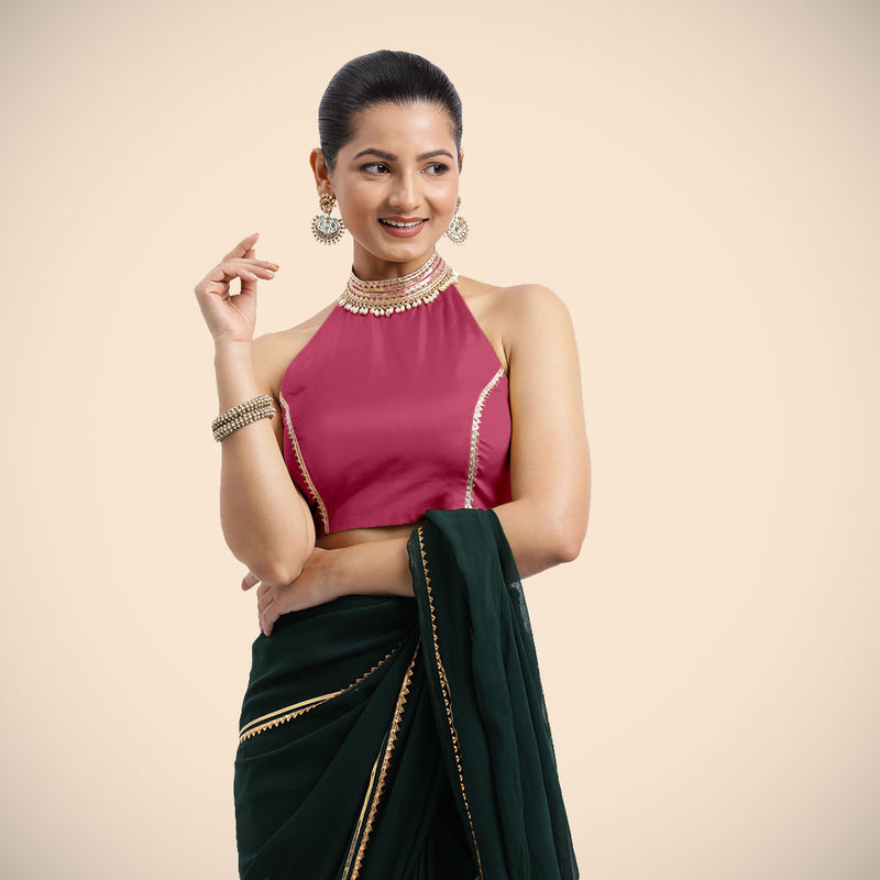 Laila x Tyohaar | Rani Pink Halterneck FlexiFit™ Saree Blouse with Heavy Golden Gota and Pearl Embellishments-Binks