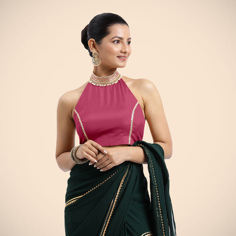 Laila x Tyohaar | Rani Pink Halterneck FlexiFit™ Saree Blouse with Heavy Golden Gota and Pearl Embellishments-Binks