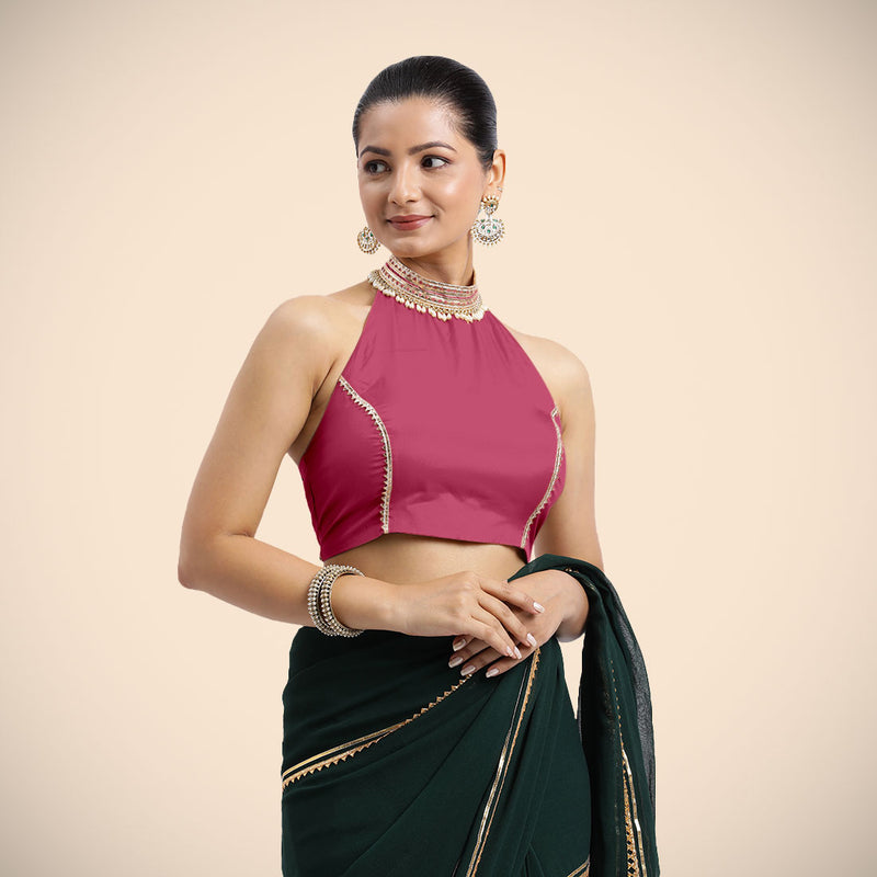 Laila x Tyohaar | Rani Pink Halterneck FlexiFit™ Saree Blouse with Heavy Golden Gota and Pearl Embellishments-Binks