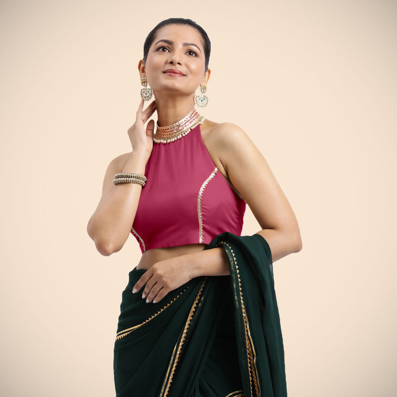 Laila x Tyohaar | Rani Pink Halterneck FlexiFit™ Saree Blouse with Heavy Golden Gota and Pearl Embellishments-Binks