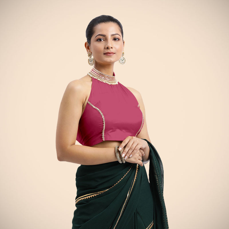 Laila x Tyohaar | Rani Pink Halterneck FlexiFit™ Saree Blouse with Heavy Golden Gota and Pearl Embellishments-Binks