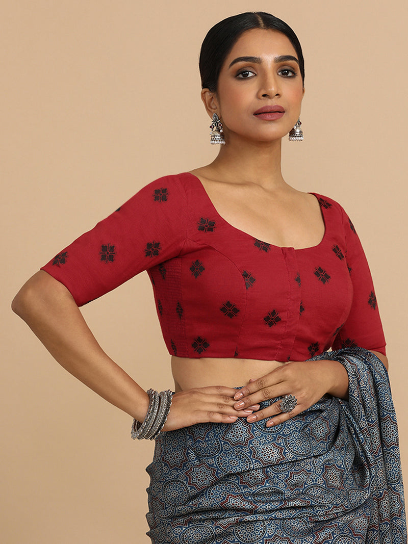 Lajita x Rozaana | Elbow Sleeves Saree Blouse in Red Jacquard Cotton-Binks