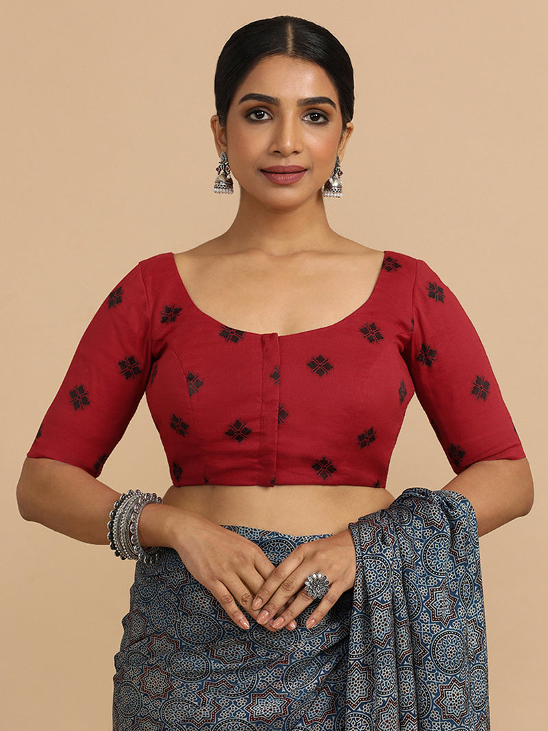 Lajita x Rozaana | Elbow Sleeves Saree Blouse in Red Jacquard Cotton-Binks