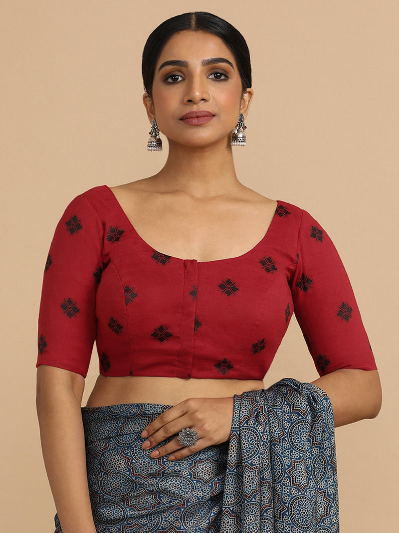 Lajita x Rozaana | Elbow Sleeves Saree Blouse in Red Jacquard Cotton-Binks
