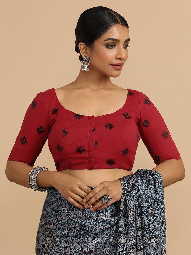 Lajita x Rozaana | Elbow Sleeves Saree Blouse in Red Jacquard Cotton-Binks