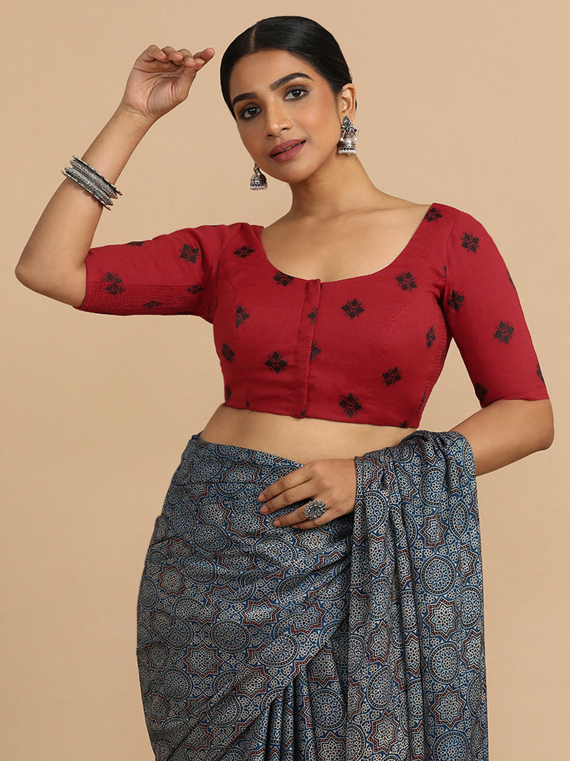 Lajita x Rozaana | Elbow Sleeves Saree Blouse in Red Jacquard Cotton-Binks