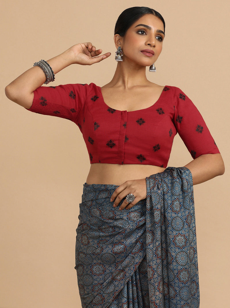 Lajita x Rozaana | Elbow Sleeves Saree Blouse in Red Jacquard Cotton-Binks