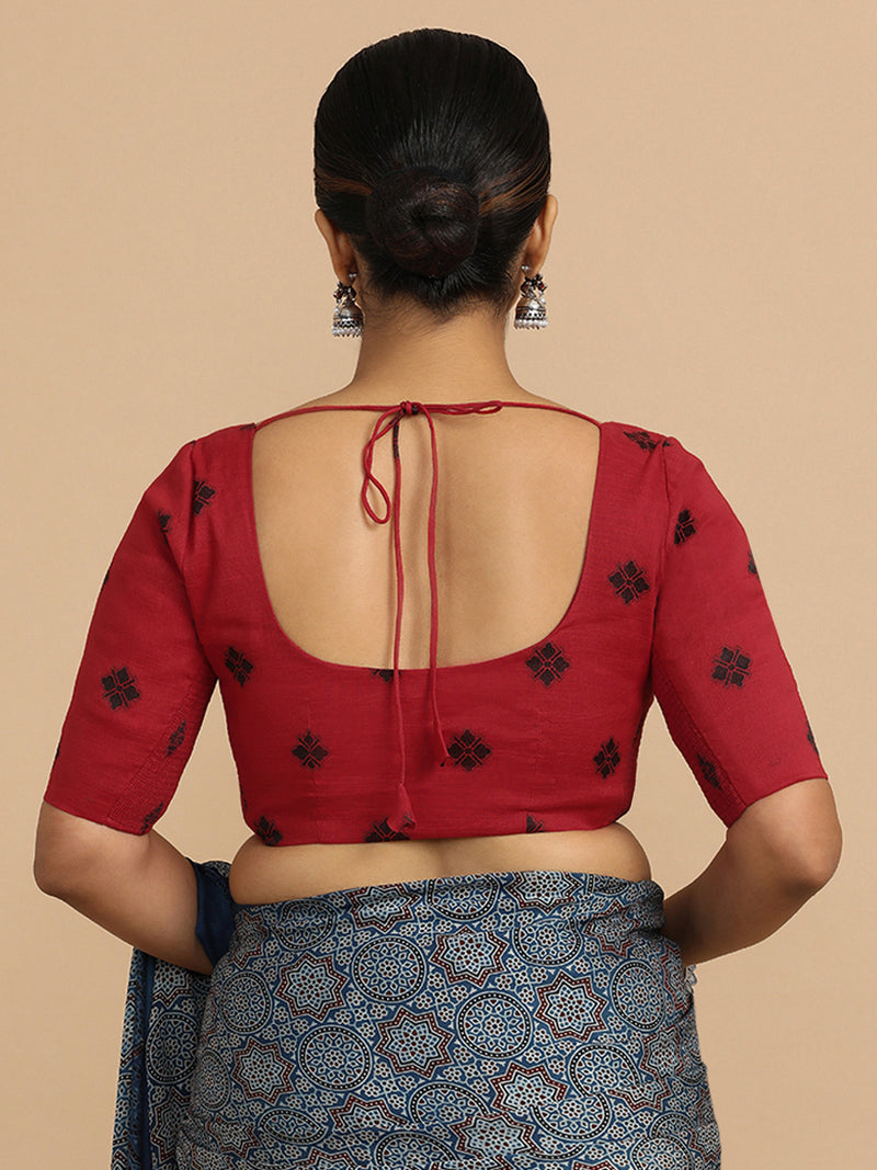 Lajita x Rozaana | Elbow Sleeves Saree Blouse in Red Jacquard Cotton-Binks