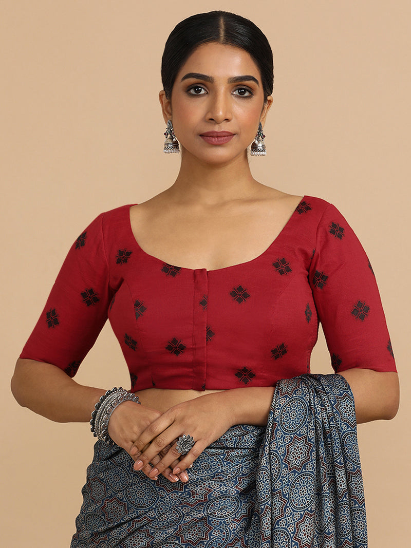 Lajita x Rozaana | Elbow Sleeves Saree Blouse in Red Jacquard Cotton-Binks