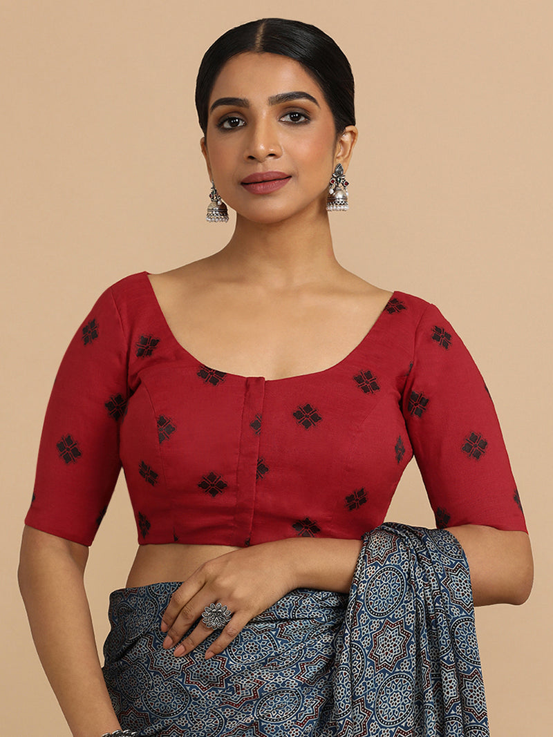 Lajita x Rozaana | Elbow Sleeves Saree Blouse in Red Jacquard Cotton-Binks
