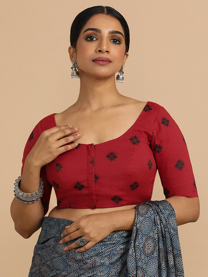 Lajita x Rozaana | Elbow Sleeves Saree Blouse in Red Jacquard Cotton-Binks