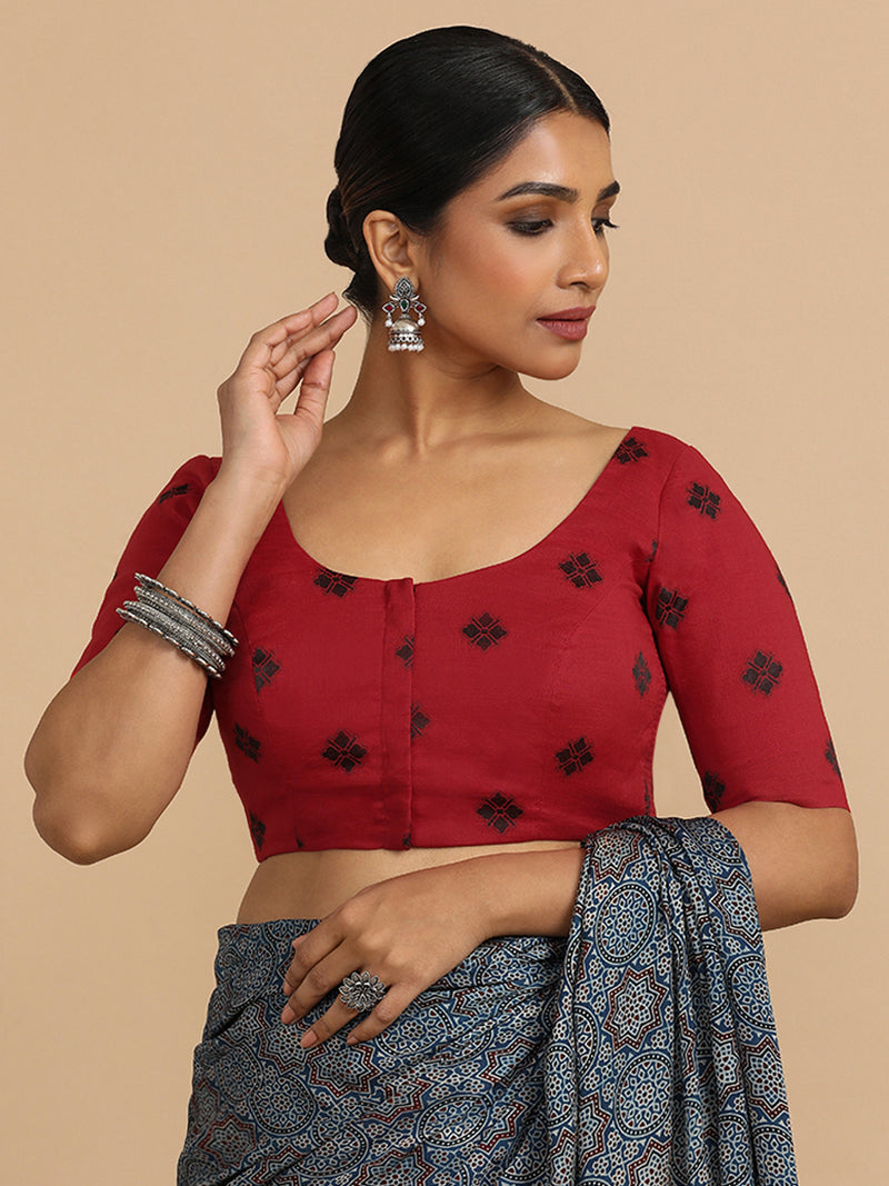 Lajita x Rozaana | Elbow Sleeves Saree Blouse in Red Jacquard Cotton-Binks