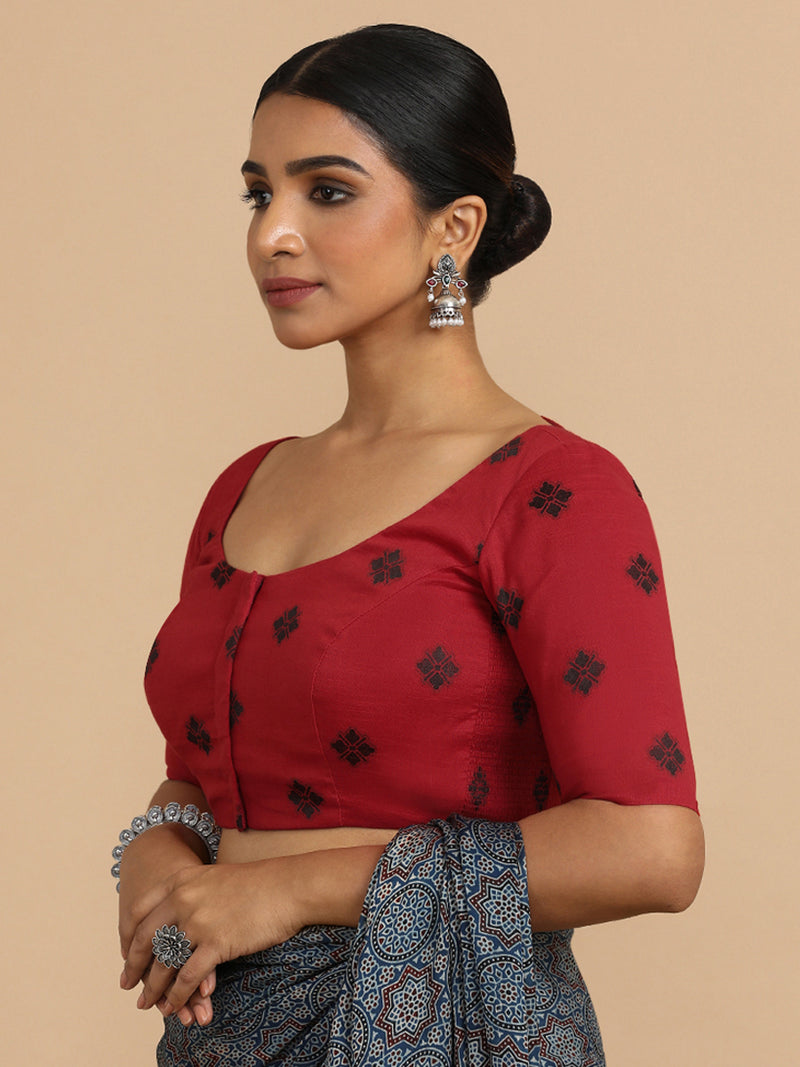 Lajita x Rozaana | Elbow Sleeves Saree Blouse in Red Jacquard Cotton-Binks