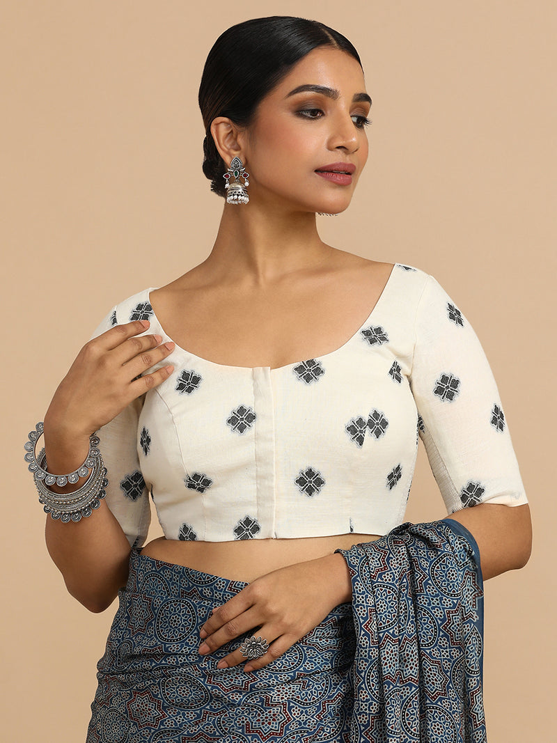 Lajita x Rozaana | Elbow Sleeves Saree Blouse in White Jacquard Cotton-Binks