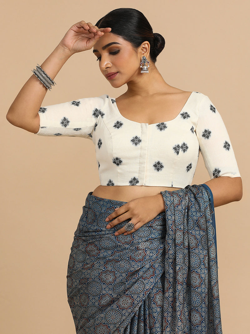 Lajita x Rozaana | Elbow Sleeves Saree Blouse in White Jacquard Cotton-Binks