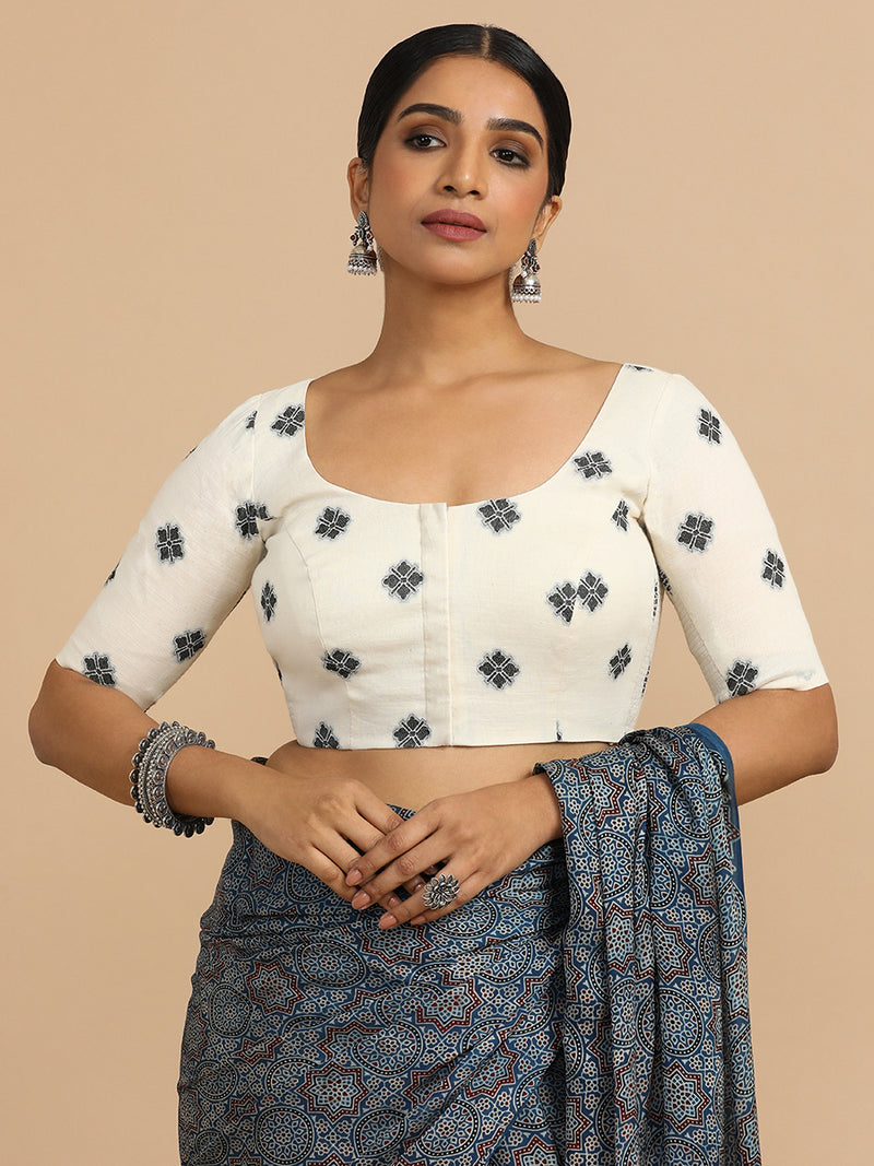 Lajita x Rozaana | Elbow Sleeves Saree Blouse in White Jacquard Cotton-Binks