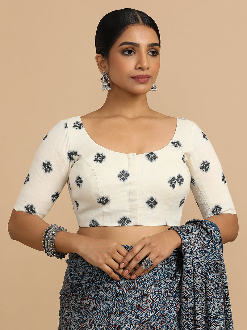 Lajita x Rozaana | Elbow Sleeves Saree Blouse in White Jacquard Cotton-Binks
