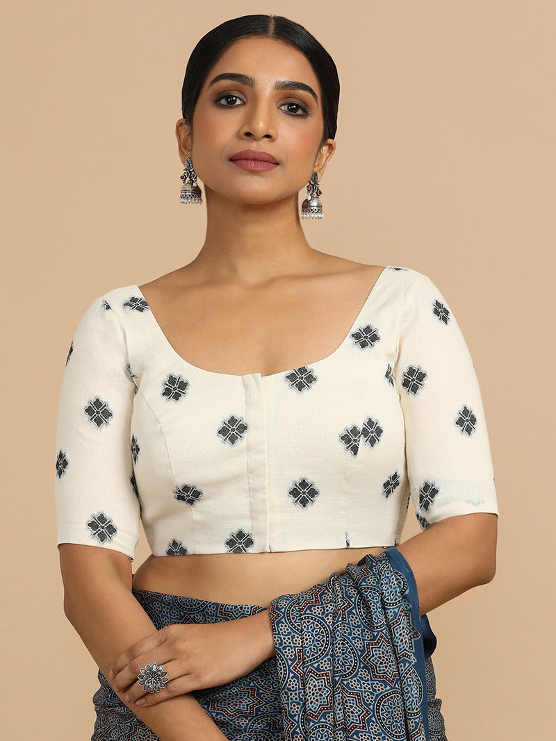 Lajita x Rozaana | Elbow Sleeves Saree Blouse in White Jacquard Cotton-Binks
