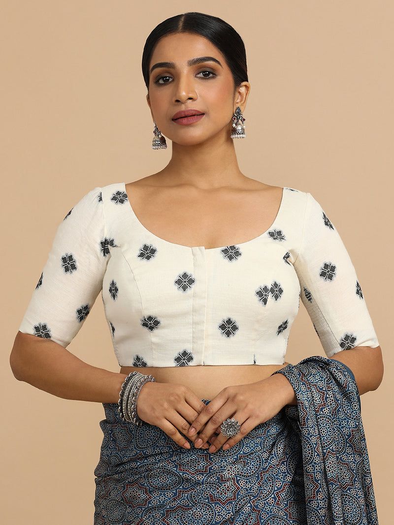 Lajita x Rozaana | Elbow Sleeves Saree Blouse in White Jacquard Cotton-Binks