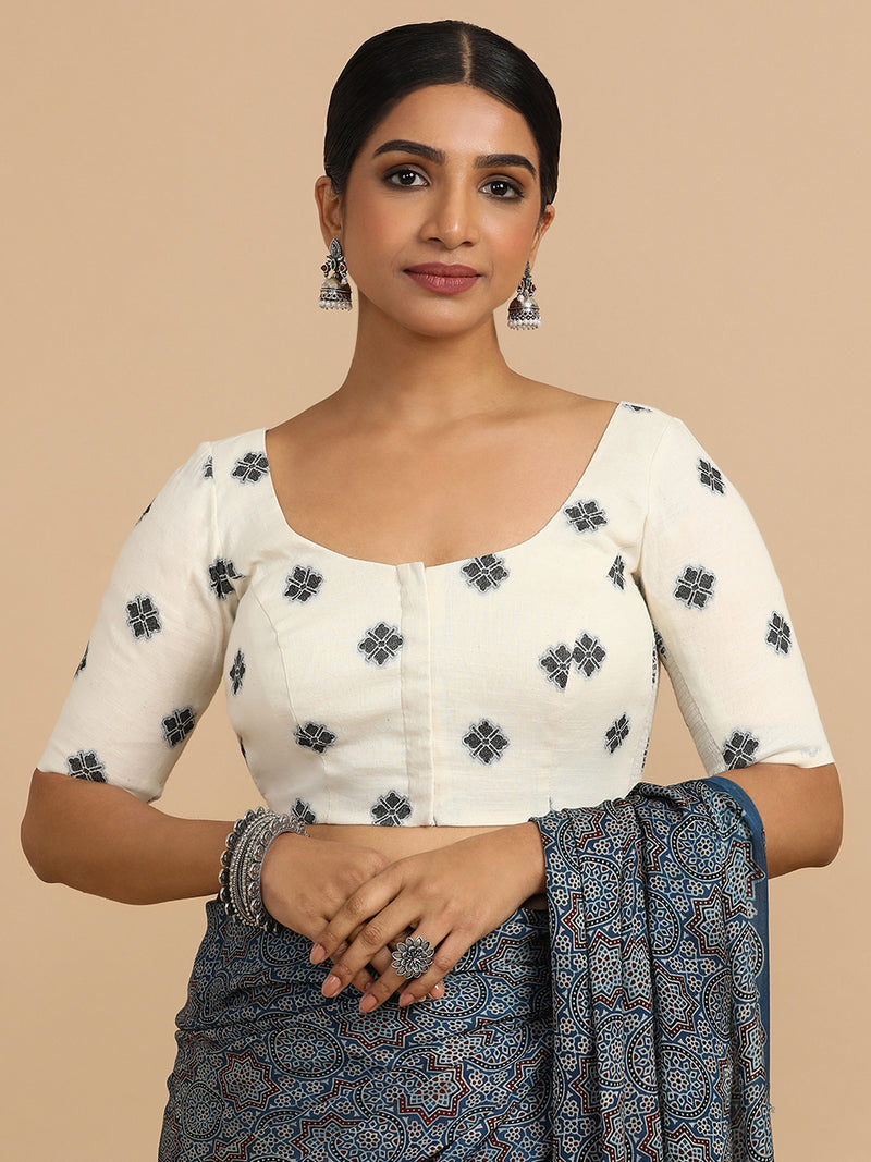 Lajita x Rozaana | Elbow Sleeves Saree Blouse in White Jacquard Cotton-Binks