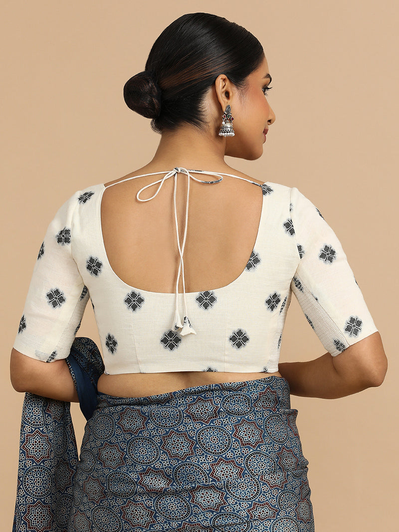 Lajita x Rozaana | Elbow Sleeves Saree Blouse in White Jacquard Cotton-Binks
