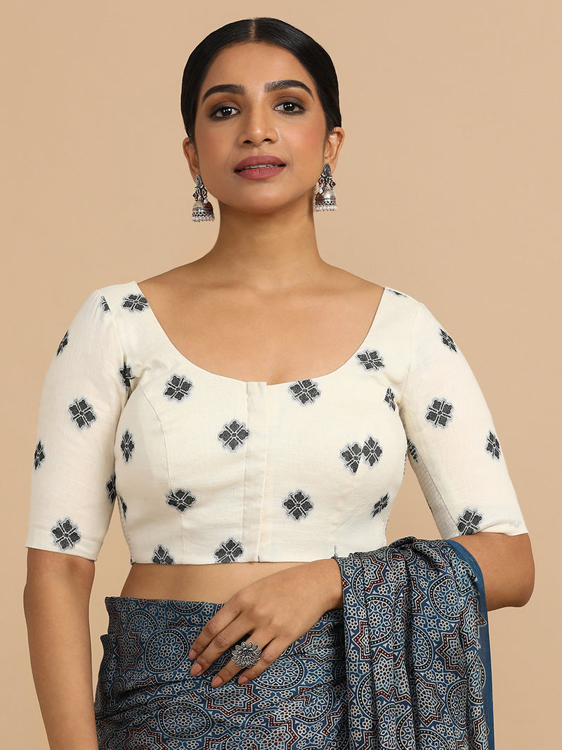 Lajita x Rozaana | Elbow Sleeves Saree Blouse in White Jacquard Cotton-Binks